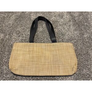 Chilewich Medium Woven Textile Tote Bag Purse - Natural Tan Brown With Leather